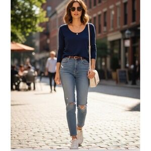 301-007 Ann Taylor Petite Blue Merino Wool Button‎ Cuff Scoop Neck Sweater MP